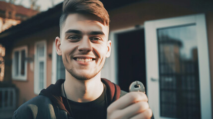 Generative AI illustration of cheerful young man stands outside a home, proudly displaying a shiny new house key, symbolizing a fresh start or homeownership - obrazy, fototapety, plakaty