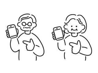 スマホを指差すシニア夫婦のイラスト