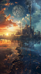 Obraz premium Contrast a bleak, polluted industrial fossil fuel landscape on one side with a vibrant, renewable energy-powered city on the other. Futuristic Industrial Cityscape with Polluted Waters