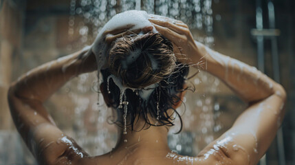 Young woman washing her hair with shampoo in shower background