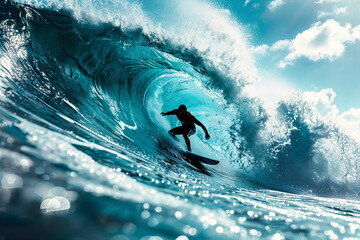 Surfer riding on his board pulling into a barrel wave on the beach. Tourist surfing destinations.