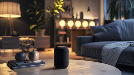 Generative AI illustration of elegant living room at dusk features a stylish smart speaker on a wooden table, surrounded by warm ambient lighting and contemporary decor