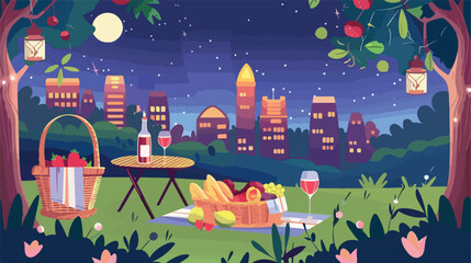 Romantic date or picnic evening in city park. Cartoon