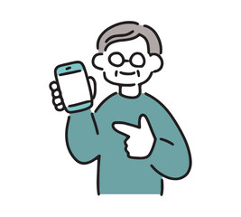 スマホを指差すシニア男性のイラスト