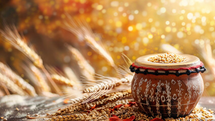 the dhol drum stands on the table next to the ears of wheat, the Indian holiday of Baisakhi, the golden age, banner