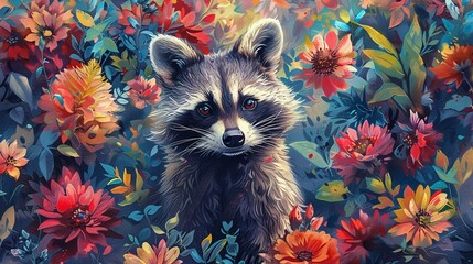 Charming raccoon in a vibrant floral environment, captured in a lively watercolor style with bright, eyecatching colors