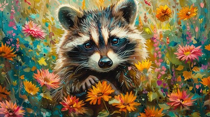 Watercolor illustration of a cute raccoon peeking through a vibrant blossom, bright colors enhancing the whimsical scene