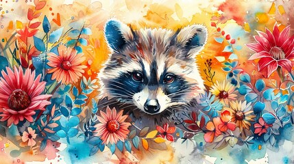 Watercolor illustration of a cute raccoon peeking through a vibrant blossom, bright colors enhancing the whimsical scene