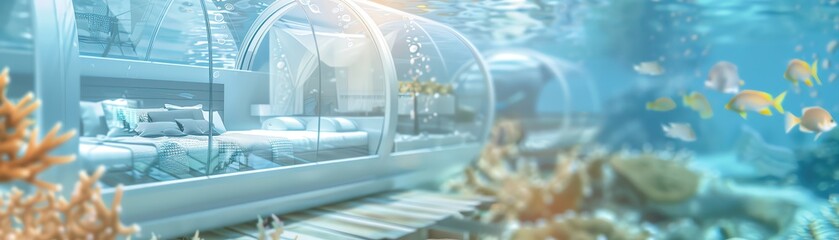 Underwater homes provide a mesmerizing closeup on living spaces submerged in aquatic serenity - obrazy, fototapety, plakaty