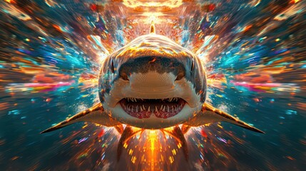 kaleidoscopic rendition of a fierce and powerful shark, featuring dynamic patterns and cool aquatic colors