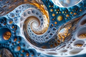 A spiral of blue and white with yellow dots