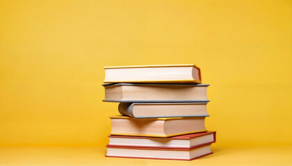 Piles of books isolated on yellow background with copy space, for library, cards, study, class, knowledge and book market use created with generative ai	

