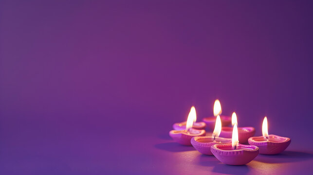 Close up of six diwali candles with copy space on purple background Diwali festival of lights religion hindu tradition and celebration : Generative AI