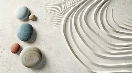 Fototapeten Zen garden stones on white sand with pattern top view. © Ashley
