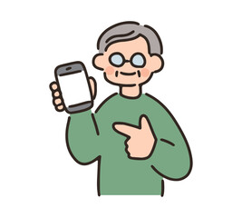 スマホを指差すシニア男性のイラスト