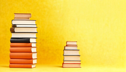 Piles of books isolated on yellow background with copy space, for library, cards, study, class,...