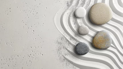 Poster Im Rahmen Zen garden stones on white sand with pattern top view. © Ashley