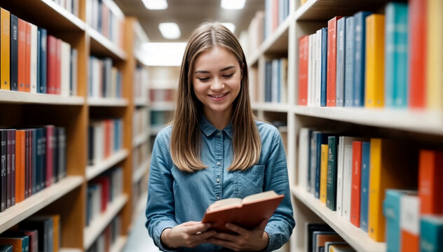 Young woman reading a book in a library among shelves full of books, concept of Education, high school, university, learning and people concept. Smiling student girl reading book generative ai	
