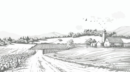 Rural landscape panoramic format with a farm. 