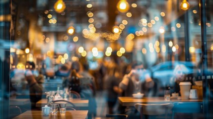 The warm glow of hanging lights creates an inviting atmosphere in this busy cafe, as seen through the blurred window with the hustle of city life passing by - obrazy, fototapety, plakaty