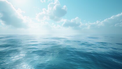 An endless ocean with a bright blue sky and fluffy white clouds.