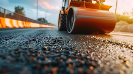 Asphalt road roller working on the new road construction site at sunset.