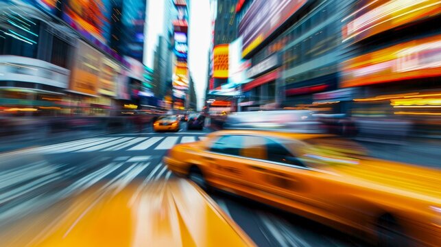 Yellow taxi speeds through the colorful, vibrant streets of Times Square, New York in a motion blur