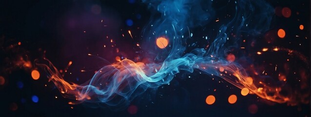Dark abstract bokeh background, magic smoke and sparks, neon indigo.