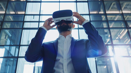 Businessman wearing shirt and suit working while using a VR headset. attractive gesture pose. in office room.