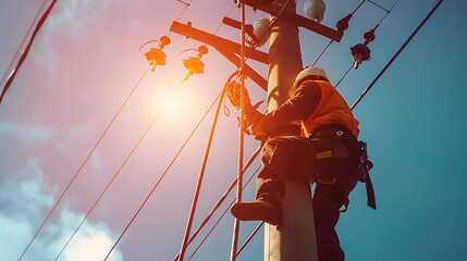 Electrician working on high voltage post with sunset sky and sunlight background.