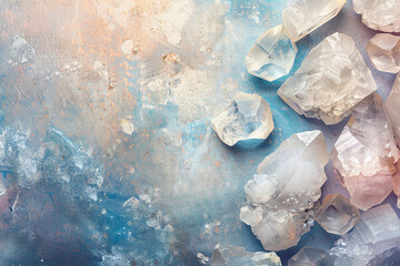 moonstone crystals geode close up on stone background, esoteric blue mineral texture on grey surface