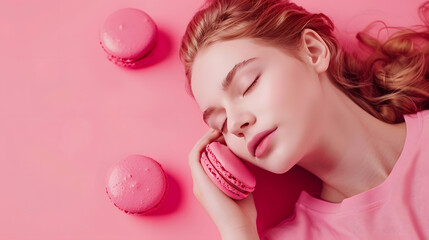 Contemporary art collage of woman lying into pink yummy macaroon isolated over pink background...