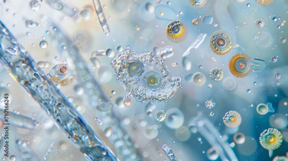 Poster the unseen world of microscopic bacteria in a freshwater pond with diverse shapes and sizes visible 