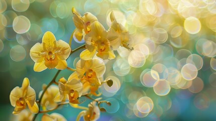 Stunning golden orchids are presented with a background of enchanting, soft circular bokeh light effects