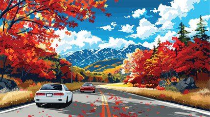 Scene of cars drive along the road with autumn - obrazy, fototapety, plakaty