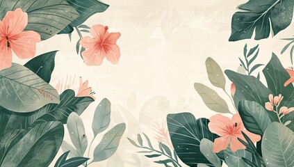 Tropical background with flowers. Exotic landscape in hand-drawn wotercolar style. Luxury wall mural. Wallpaper with leaves and flowers.