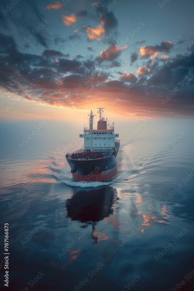 Poster use of technology in navigation and operation of cargo ships sailing smoothly in calm sea waters.