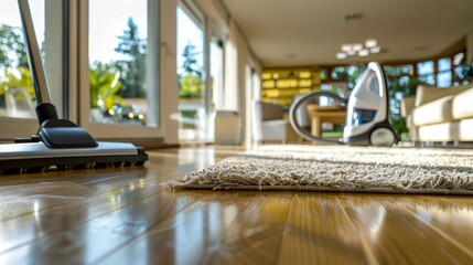 A vivid depiction of a tidy living room with a vacuum cleaner on a pristine wooden floor, sunlight streaming through the windows