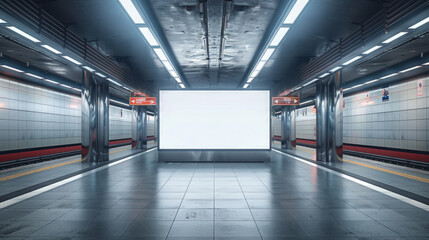 Obraz premium Opportunity to advertise in a busy subway train station with a blank poster mockup, attracting the attention of commuters and travelers.