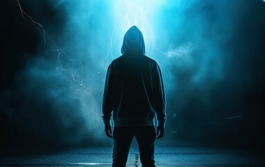 Mysterious Figure in Hoodie with Electric Backdrop - Powered by Adobe