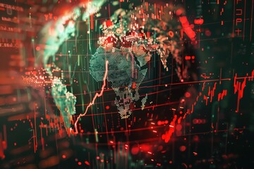 A fractured globe with ticker symbols of major stock markets superimposed, flashes of red and green indicating volatility during a world war - obrazy, fototapety, plakaty