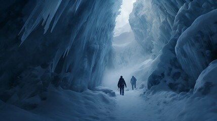 AI-generated explorers trekking through a winter wonderland, discovering hidden ice caves beneath the snow - obrazy, fototapety, plakaty