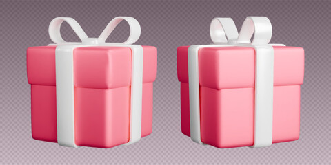 Gift boxes with ribbons, realistic 3d pink boxes with white bows. Surprise gift isolated on grey background. Vector illustration.