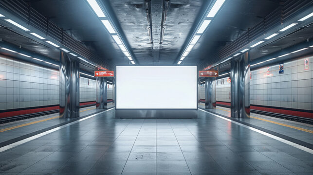 Opportunity to advertise in a busy subway train station with a blank poster mockup, attracting the attention of commuters and travelers.