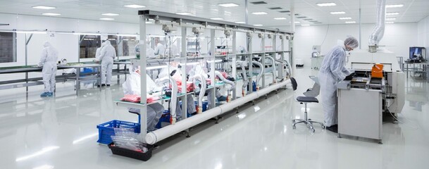 Factory Workers White Lab Suits Black Latex Gloves Working With Some Modern Equipment Very Clean Room Panoramic Picture