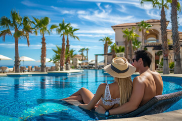 Rear view of couple relaxing at tropical beachfront in luxury hotel. Summer, holiday and lifestyle