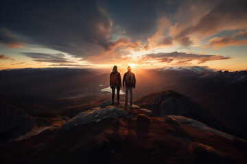 Traveler couple stand on mountain looking on beautiful view with foggy valley and sunbeams on sunset