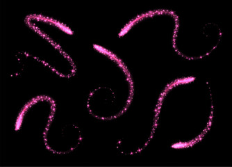 Magic swirls collection, pink light trails with sparkles, glowing light effect, shiny stardust isolated on black. Vector illustration.