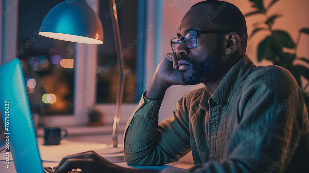Poster Thoughtful Black Writer Working With Laptop At Home Office African American Freelancer Man Sitting At Desk And Looking At Computer Screen With Pensive Face Expression Side View With Co : Generative AI