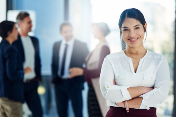 Portrait, business and woman with arms crossed, professional and confidence with teamwork and...